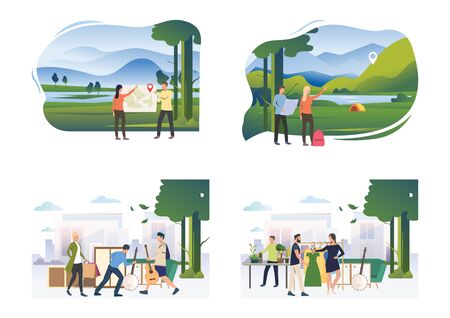 Synergy illustration set. People camping outdoors, buying items at garage sale. Sustainable consumption concept. Vector illustration for posters, presentations, landing pagesのイラスト素材