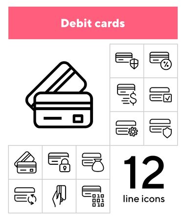 Debit cards line icon set. Set of line icons on white background. Banking concept. Credit card, payment, economy. Vector illustration can be used for topics like economy, modern, paymentのイラスト素材