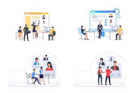 Recruit agency set. Agents analyzing job candidate profiles and CV. Flat vector illustrations. Business, human resource concept for banner, website design or landing web pageのイラスト素材