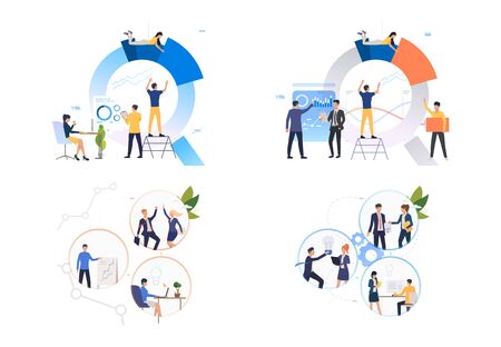 Teamwork and partnership set. People building diagrams, working on computer, celebrating success. Flat vector illustrations. Business concept for banner, website design or landing web pageのイラスト素材