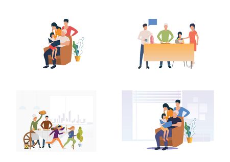 Set of families spending time together at home. Flat vector illustrations of parents and children everyday routine. Relations concept for banner, website design, landing web pageのイラスト素材