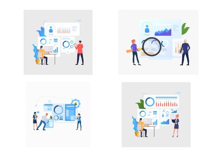 Set of HR managers examining profiles and charts. Flat vector illustrations of managers hiring staff. Recruitment concept for banner, website design or landing web pageのイラスト素材