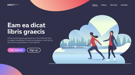 Flat vector illustration of skating women outdoors. Vacation, rink, leisure. Leisure concept for banner, website design or landing web pageのイラスト素材