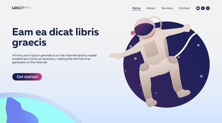 Cosmonaut in suit flying in space. Spacesuit, planet, helmet. Flat vector illustration with astronautics concept for banner, website design or landing web pageのイラスト素材