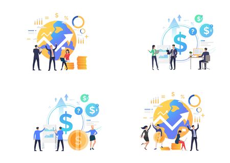 Finance management set. Business people celebrating success, analyzing financial diagrams. Flat vector illustrations. Business, investment concept for banner, website design or landing web pageのイラスト素材