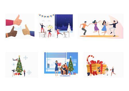 New Year celebration set. Friends, family, colleagues dancing at gift, giving gifts at Christmas tree. Flat vector illustrations. Holiday, party concept for banner, website design or landing web pageのイラスト素材