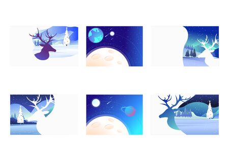 Christmas coming set. Reindeer with Xmas tree, winter landscape, space, planets. Flat vector illustrations. Christmas, New Year concept for banner, website design or landing web pageのイラスト素材