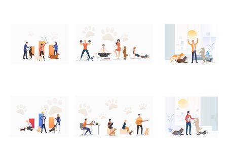 Set of people with pets. Flat vector illustrations of activities with cats and dogs, dog show. Animal care concept for banner, website design or landing web pageのイラスト素材