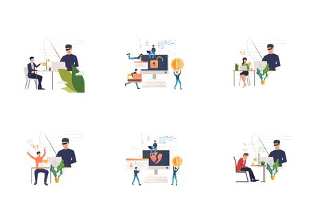 Set of cybercrime teams hacking into computers. Flat vector illustrations of hackers breaking private info. Hacker attack concept for banner, website design or landing web pageのイラスト素材