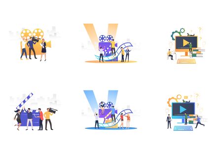 Set of people filming. Flat vector illustrations of camera crew making TV show. Mass media concept for banner, website design or landing web pageのイラスト素材