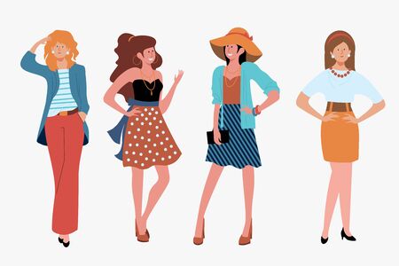 Stylish girls outdoors set. Hat, skirt, purse, high heels flat vector illustration. Fashion and style concept for banner, website design or landing web pageのイラスト素材