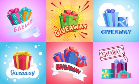 Giveaway flat vector illustration set. Gift boxes, giving presents, text, lettering, tag. Celebration or advertising conceptのイラスト素材