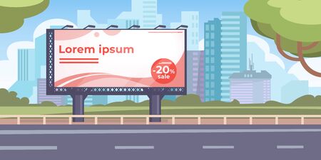 Billboard on street flat vector illustration. Sale banner template, text sample, discount, city. Advertising, marketing, announcement conceptのイラスト素材