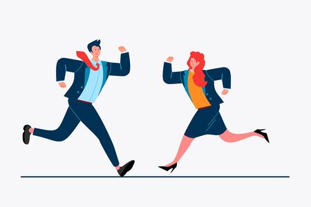 Business colleagues running to each other. Couple, partners, competitors flat vector illustration. Business, cooperation, competition concept for banner, website design or landing web pageのイラスト素材