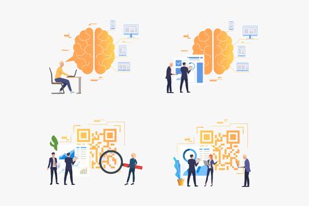 Efficiency analysis set. Businesspeople analyzing QR codes, brainwork, thinking. Flat vector illustrations. Business, intellectual work concept for banner, website design or landing web pageのイラスト素材