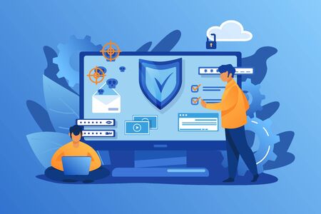 Personal digital security. Defence, protection from hackers, scammers flat vector illustration. Data breaches, data leakage prevention concept for banner, website design or landing web pageのイラスト素材