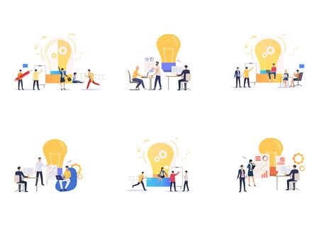 Set of business teams working together. Flat vector illustrations of employees working over project. Teamwork concept for banner, website design or landing web pageのイラスト素材
