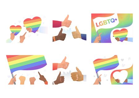 Set of pictures with symbol of LGBTQ. Flat vector illustrations of homosexuals with rainbow hearts. LGBT concept for banner, website design, landing web pageのイラスト素材