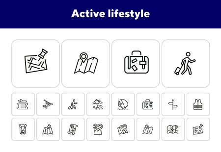 Active lifestyle line icon set. Set of line icons on white background. Boat, surfing, map. Tourism concept. Vector illustration can be used for topics like travelling, activityのイラスト素材