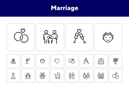 Marriage line icon set. Wedding rings, couple, child. Family concept. Can be used for topics like celebration, holiday, having babyのイラスト素材