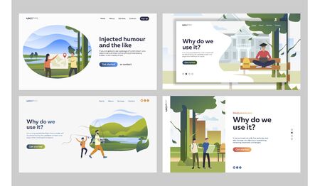 Set of people spending leisure time in nature parks. Flat vector illustrations of friends searching places on map. Parks, recreations, travelling concept for banner, website design or landing web pageのイラスト素材