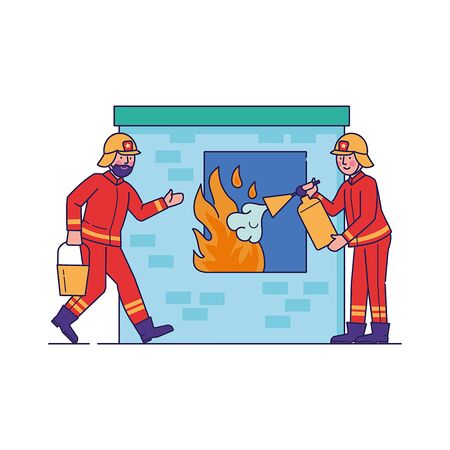 Firefighters extinguishing flame through window. Firemen watering ignition flat vector illustration. Firefighting emergency service concept. Professional aid from people in uniform doing jobのイラスト素材