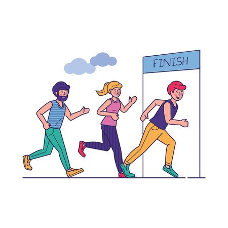 Group of sportsmen running marathon vector illustration. Sprinters crossing finish line, sport-jogging tournament. Healthy lifestyle and outdoor summer activity concept.のイラスト素材