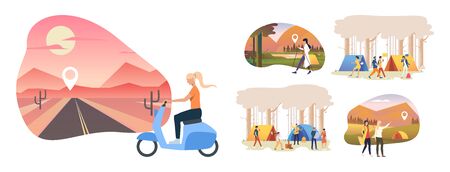 Set of camping illustrations. Flat vector illustrations of people enjoying hiking, Nordic walking, playing guitar outdoors. Activity concept for banner, website design or landing web pageのイラスト素材