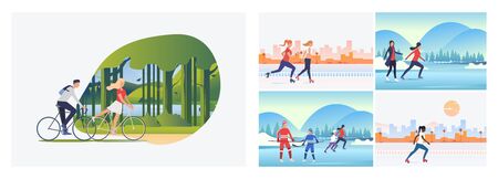 Summer and winter activities set. People roller skating, playing ice hockey. Flat vector...