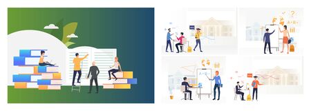 School class set. Student and teacher or professor communication. Flat vector illustrations....