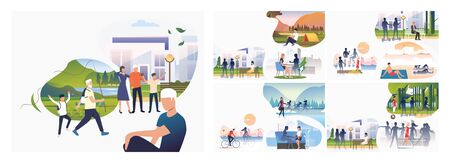 Set of lonely people among shadows. Flat vector illustrations of cartoon characters in crowds....