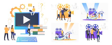 TV broadcast set. Cameraman, director, reporter crew making reportage at camera. Flat vector illustrations. Video, film making concept for banner, website design or landing web pageのイラスト素材