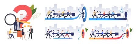 Effective teamwork set. Teamwork inserting key to lock together. Flat vector illustrations. Business, cooperation, leadership concept for banner, website design or landing web pageのイラスト素材