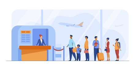 Airport queue vector illustration. Line of tourists standing at check in desk. Flight passengers waiting for boarding to plane in departure areaのイラスト素材