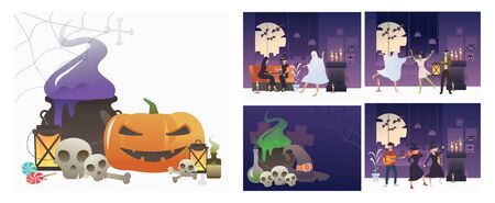 Collection of Halloween horror party illustrations. Flat vector illustrations of cauldron, pumpkin, party, scary. Halloween holiday concept for banner, website design or landing web pageのイラスト素材