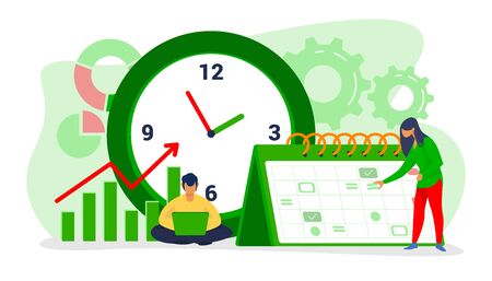 Timing and project scheduling. Managers working near calendar with marks and clock flat vector illustration. Time management, deadline concept for banner, website design or landing web pageのイラスト素材