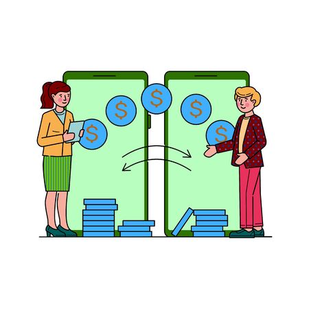 People making financial transactions via mobile app. Banking and sending money flat vector illustration. Mobile transfer payments and remittance concept using online electronic serviceのイラスト素材