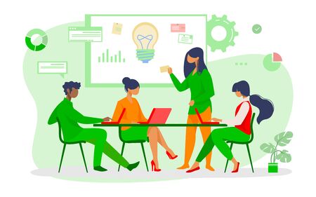 Business team discussing ideas for startup. Leader speaking at board with notes and lightbulb flat vector illustration. Corporate meeting concept for banner, website design or landing web pageのイラスト素材