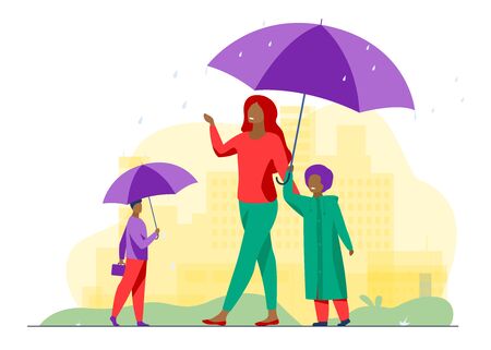 People walking during rain on street colorful flat vector illustration. Mother with child in raincoat walking under red umbrella. Cityscape with skyscrapers and other buildings on backgroundのイラスト素材