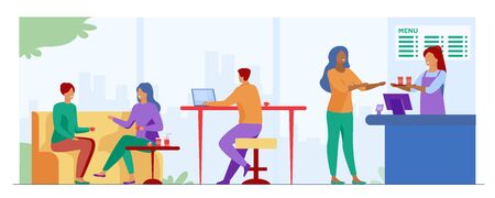 People meeting in cafe for lunch vector illustration. People sitting at tables, drinking coffee and working on laptops and barista standing at counter. Friends drink coffee with pastry in coffeehouseのイラスト素材