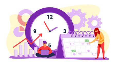 Timing and project scheduling. Managers working near calendar with marks and clock flat vector illustration. Time management, deadline concept for banner, website design or landing web pageのイラスト素材