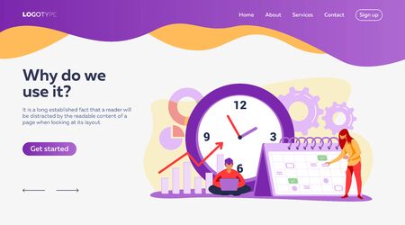 Timing and project scheduling. Managers working near calendar with marks and clock flat vector illustration. Time management, deadline concept for banner, website design or landing web pageのイラスト素材