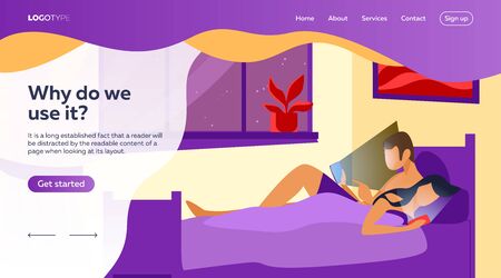 Couple lying in bed and using mobile phones. Gadget and internet addicted users flat vector illustration. Addiction, unhealthy habit, sleepless concept for banner, website design or landing web pageのイラスト素材