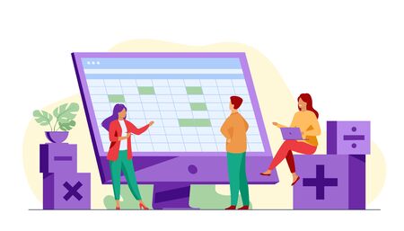 Colleagues discussing accounting statistics report using software vector illustration. Bookkeeping and audit for annual and financial reporting concept for business presentation slidesのイラスト素材