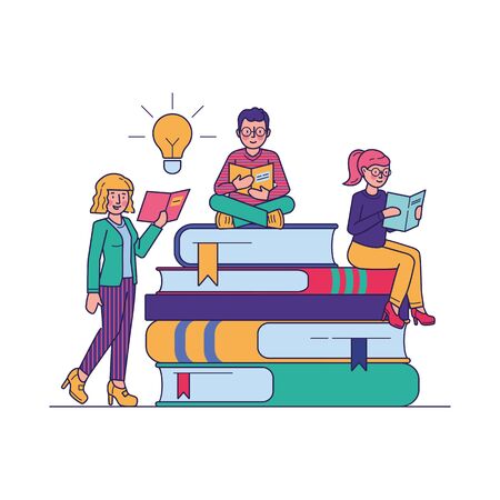 People reading books for study vector illustration. Students looking for information in library literature. Bookworms sitting at giant book pile. Education and learning concept.のイラスト素材