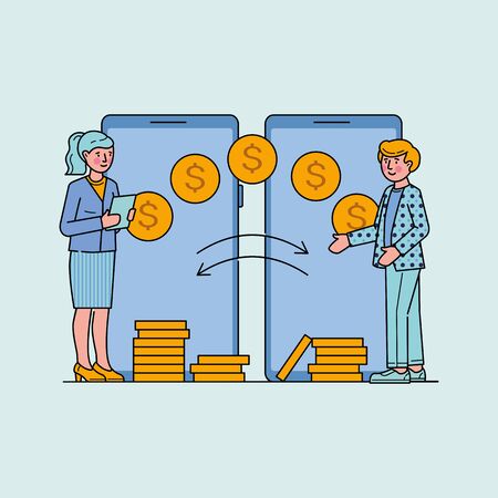 People making financial transactions via mobile app. Banking and sending money flat vector illustration. Mobile transfer payments and remittance concept using online electronic serviceのイラスト素材