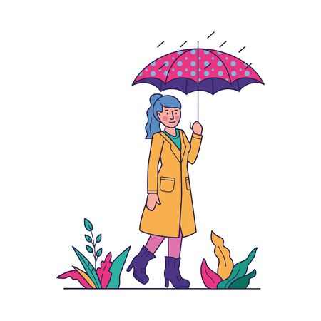 Girl under umbrella walking in rain flat vector illustration. Woman going outdoors in autumn rainy weather. Season, fall and landscape concept.のイラスト素材