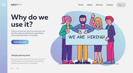 Team looking for professionals. Group of people holding banner We are Hiring flat vector illustration. Employment, announcement, career, job concept for banner, website design or landing web pageのイラスト素材