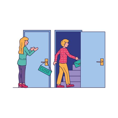 Man entering by open door. Upset woman standing at close door, facing obstacle. Vector illustration for business, inequality, gender, discrimination, social problem conceptのイラスト素材
