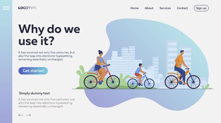 Family weekend outdoors. Man, woman, boy riding bikes in park. Parent couple cycling with son. Vector illustration for summer activity, leisure, recreation conceptのイラスト素材